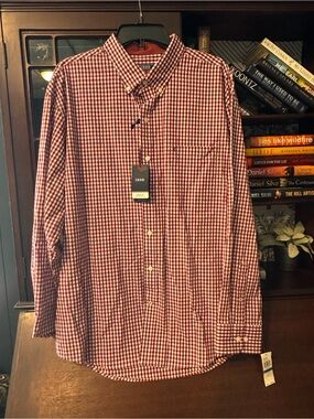 Izod Men's  Deep Red and White Gingham Button-Down Shirt